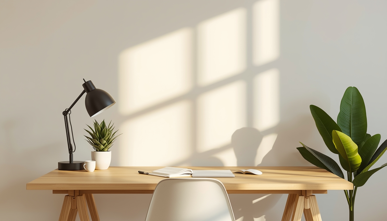 Minimalist home office with clean desk, potted plant, and warm morning light creating a calm productive atmosphere