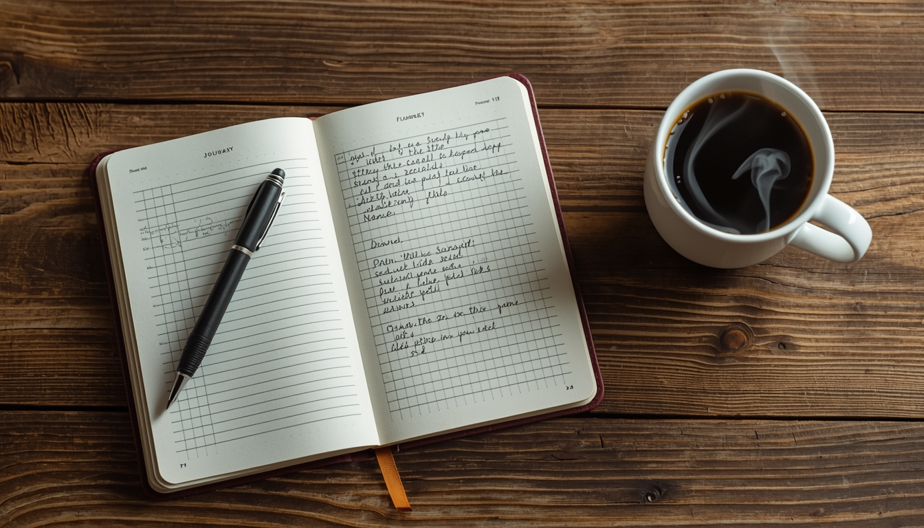 Open journal with handwritten daily plan, a pen, and a steaming cup of coffee on a wooden table